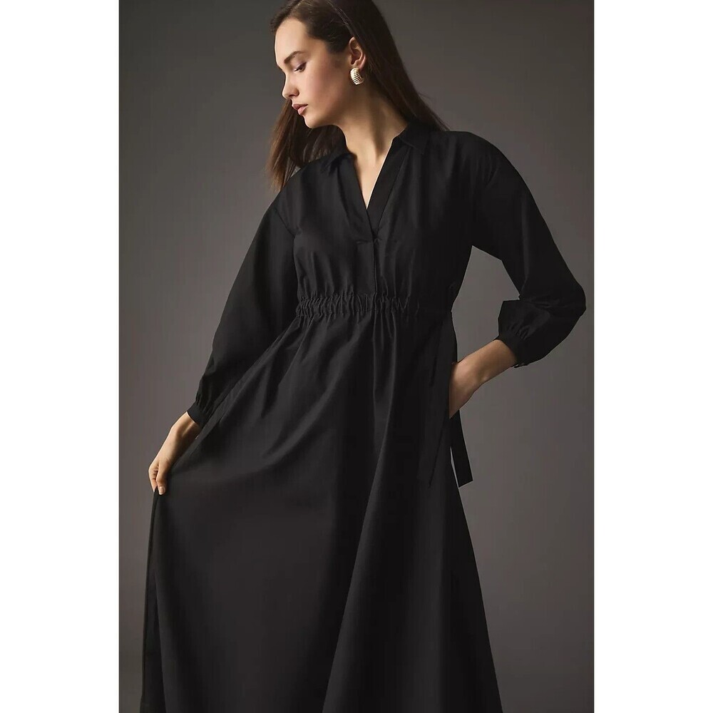 Anthropologie Maeve Clinched Shirt Dress Maxi Black Size Large Flowy Minimalist - Picture 5 of 11